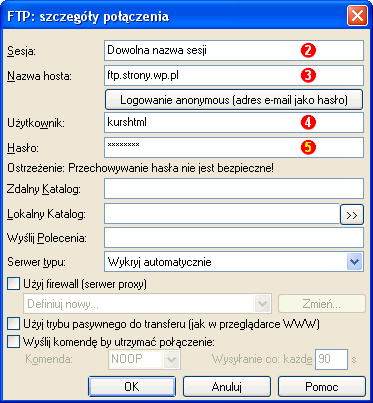 Okno dialogowe FTP: szczegy poczenia z danymi poczenia
